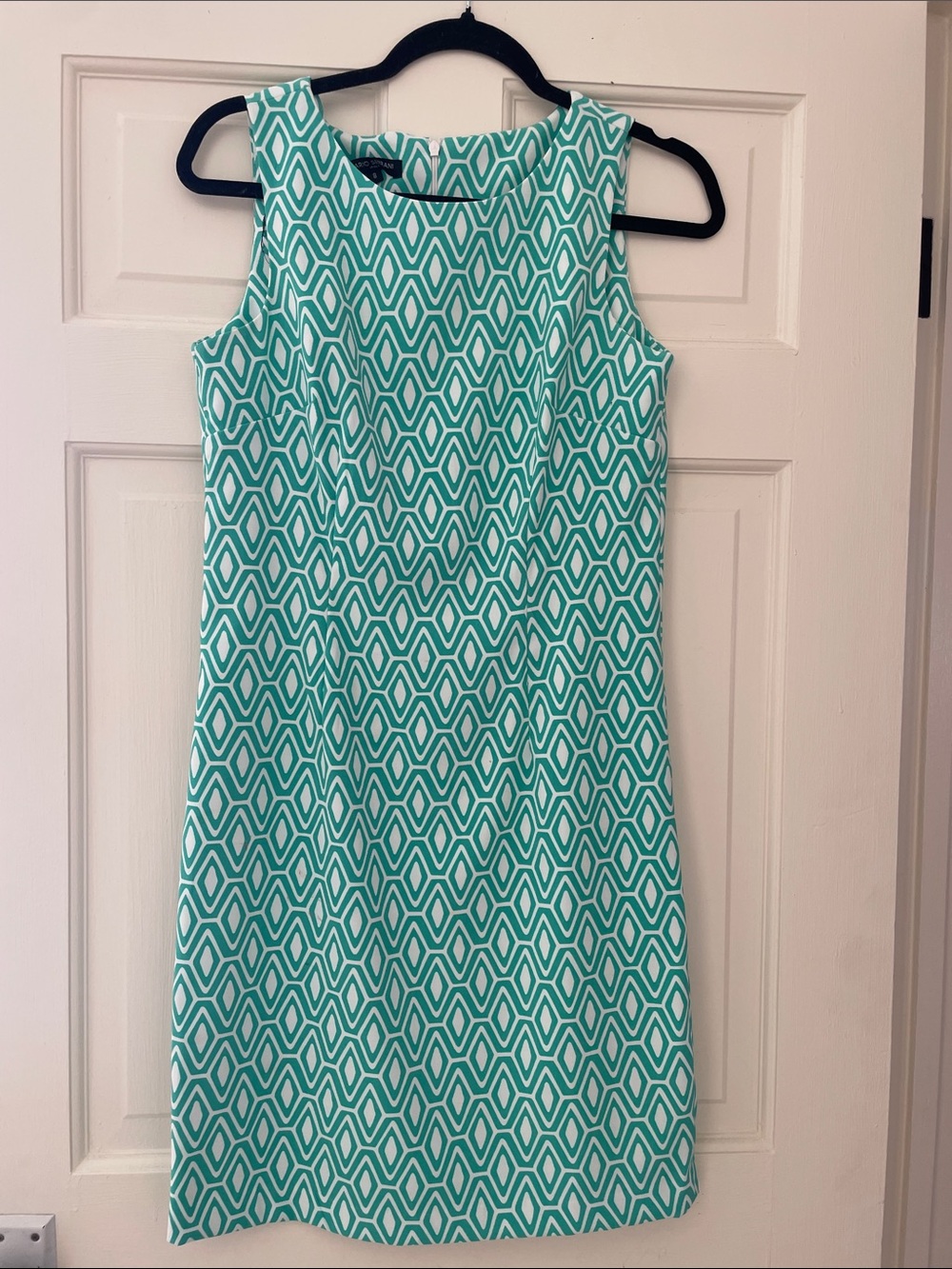 Mario Serrani Sleeveless Geometric Shift Dress in Teal and White